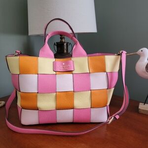 Kate Spade KG769 Basket Woven Pink Orange White Leather Tote Bag Purse